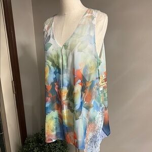 One World floral watercolor V Sleeveless Top tank lined flowy chiffon lace 1X